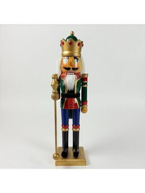 Wooden Colorful King Nutcracker Figurine Gold Crown 14 inch Christmas Decor